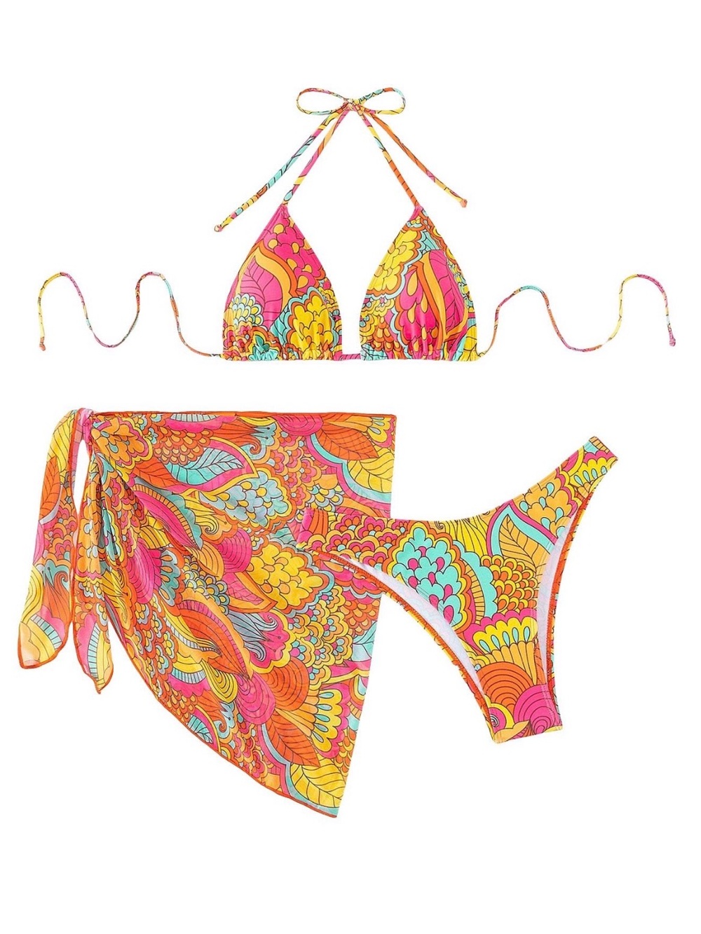 Shenhe 3 Piece Halter Triangle Bikini Swimsuit w/ Sarong Floral Pink M NWOT